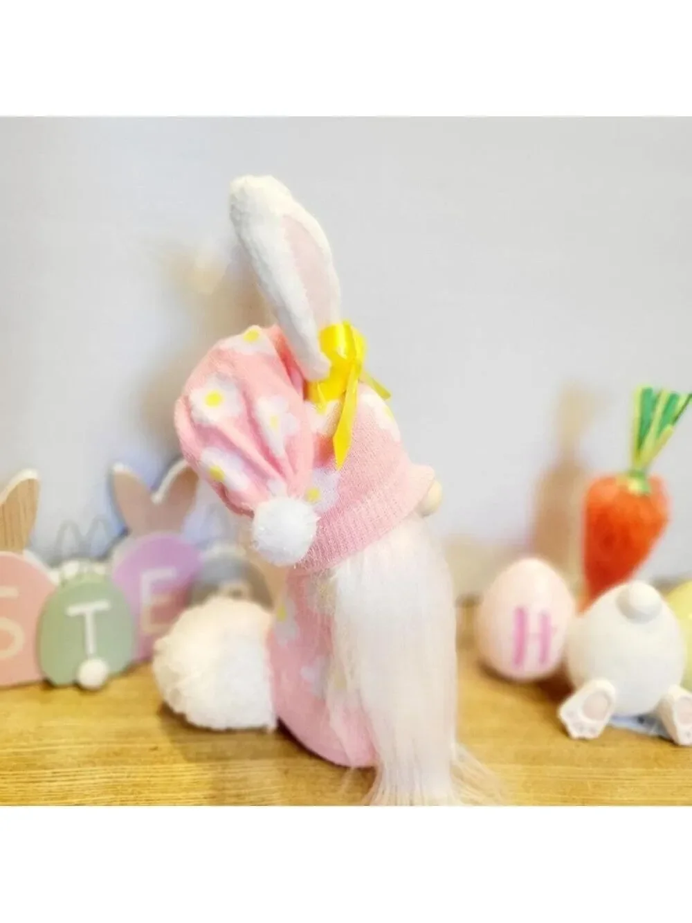 Pink Easter Bunny Gnome with Yellow Bow Decor 11 Inch